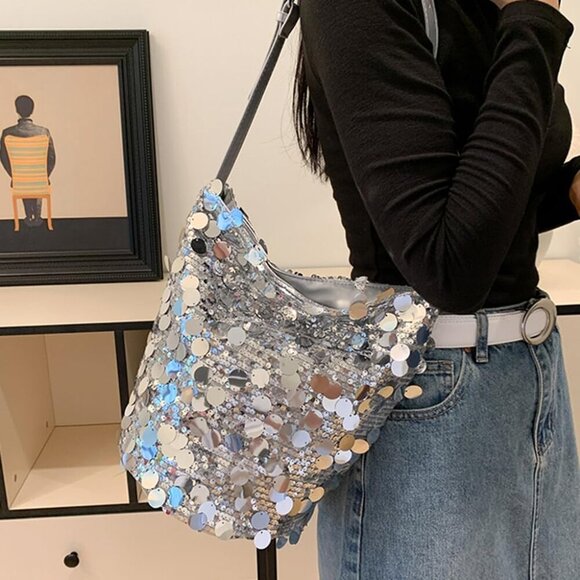 Sequin Bag Silver Black Buckle Shoulder Crossbody Party Purse for Women - Picture 5 of 5